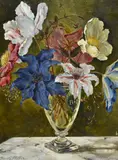 An attractive still life arrangement by Bunty Miller, 1950, oil on panel, sold Jan 2024