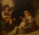 A bath time scene by Mark William Langlois, oil on canvas, sold Jan 2024