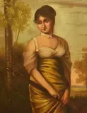 A full length portrait of a girl holding a lute within by Josef Albrecht, oil on canvas, sold Jan 2024