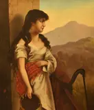 A portrait of a dark haired woman with pink sash by Josef Albrecht, oil on canvas, sold Jan 2024