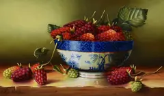 A still life arrangement depicting grapes in a Royal Wo by Rob Ritchie, oil on board, sold Jan 2024