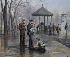 A bygone scene depicting shoe shine boy by John Seerey-Lester, oil on canvas, offered Jan 2024