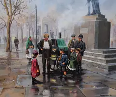 A street merchant and children by John Seerey-Lester, oil on canvas, offered Jan 2024