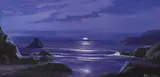A moonlit coastal landscape with rocks to the foreground by John Michael, oil on board, sold Jan 2024