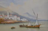 An Italian coastal landscape with by Frank Catano, watercolour and gouache, offered Jan 2024