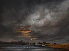 A Dutch inspired coastal landscape by Gudrun Sibbons, watercolour and gouache, offered Jan 2024
