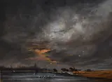 A Dutch inspired coastal landscape by Gudrun Sibbons, watercolour and gouache, offered Jan 2024