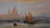 An Italian coastal landscape at low light with by Frank Catano, watercolour, offered Jan 2024