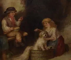 A bath time scene by Mark William Langlois, oil on canvas, offered Dec 2023
