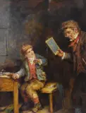 Teacher with a young boy by Mark William Langlois, oil on canvas, offered Dec 2023