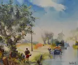 Boats By The Riverside by Jorge Aguilar-Agon, oil on canvas, offered Dec 2023