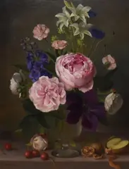 A still life arrangement depicting pink roses by Gerald Norden, oil on board, sold Dec 2023