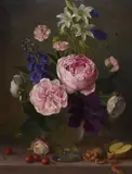 A still life arrangement depicting pink roses by Gerald Norden, oil on board, sold Dec 2023