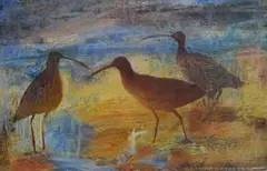 Curlew Feeding' & 'Redshank by Fiona Clucas Swla, 1997, mixed media on paper, sold Dec 2023