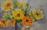 Marigolds by Mollie Whitworth, watercolour, offered Dec 2023
