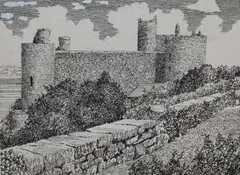 Harlech Castle by Alfred Wainwright, ink, offered Dec 2023