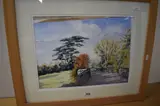A tree lined path with blue sky above by Veronica Ayre, watercolour, offered Nov 2023