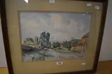 A village scene with a row of houses and church in the by J.W. Dyas, watercolour, offered Nov 2023
