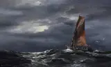 A maritime landscape depicting a masted boat in by David A. James, oil on canvas, sold Nov 2023