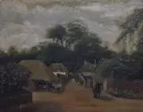 A village scene depicting figures and horses by T.W Harker, oil on canvas, offered Nov 2023