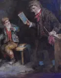 Teacher with a young boy by Mark William Langlois, oil on canvas, offered Nov 2023