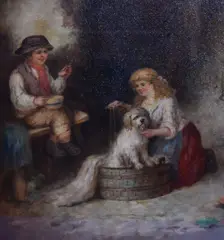 A bath time scene by Mark William Langlois, oil on canvas, offered Nov 2023