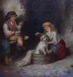 A bath time scene by Mark William Langlois, oil on canvas, offered Nov 2023