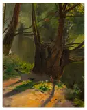 Sunlight Through Trees by a River by Arthur Elsley, oil on canvas, offered Jan 2026