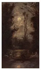 A boat and swans on a moonlit river by William John Hennessy, oil on board, sold Jan 2026