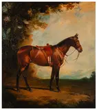 A saddled chestnut horse wearing a ladies side saddle in a by James Lynwood Palmer, oil on canvas, offered Jan 2026
