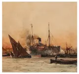 Cunard liner amongst busy shipping by Charles Dixon, watercolour, offered Jan 2026