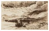 Mountainous river landscape under a stormy sky by Peter De Wint O.W.S, ink, offered Jan 2026