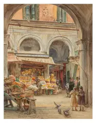 The fruit stall by Walter Tyndale, watercolour, sold Jan 2026