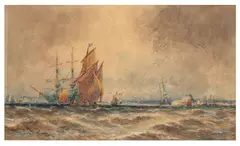 Shipping off the coast with frigates and steam ships beyond by Thomas Bush Hardy, watercolour and bodycolour, offered Jan 2026