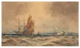 Shipping off the coast with frigates and steam ships beyond by Thomas Bush Hardy, watercolour and bodycolour, offered Jan 2026