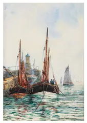 Paddle steamer and sail boats in the harbour by Frederick William Scarborough, watercolour and bodycolour, offered Jan 2026