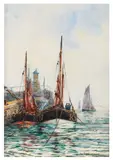 Paddle steamer and sail boats in the harbour by Frederick William Scarborough, watercolour and bodycolour, offered Jan 2026
