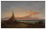 Fishermen on the shore, coastal landscape beyond Inscribed 'Gustav Von Haugh 1804-1861' (verso) oil on board Dimensions:19.5 x 30.5 cm by Von Haugk, oil on board, sold Dec 2025