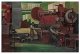 Workers in a factory by Maurice Johnson, oil on canvas, sold Nov 2025