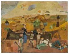 Figures in a landscape by Gwyneth Johnstone, oil on canvas, sold Nov 2025