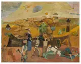 Figures in a landscape by Gwyneth Johnstone, oil on canvas, sold Nov 2025