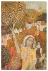Woman in Yellow by Gwyneth Johnstone, oil on board, sold Nov 2025