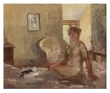Nude Sitting on a Bed by Bernard Dunstan, oil on board, sold Nov 2025