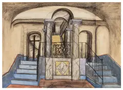Church Interior (Corsica) signed and dated 'Colquhoun/38' (upper left) watercolour on multiple sheets Dimensions:41.3 x 55.8 cm by Ithell Colquhoun, watercolour, sold Nov 2025