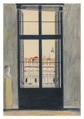 Window view of Piazza San Marco by Glynn Boyd Harte, pencil and crayon, sold Nov 2025