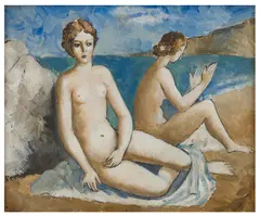 Dos mujeres en la playa by Pere Pruna i Ocerans, oil on canvas, sold Nov 2025