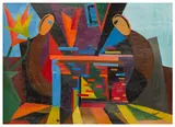 Deux personnes assises à une table by André Guignard Mayeur, oil on board, sold Nov 2025