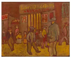Street scene by Martin Bloch, oil and crayon on board, sold Nov 2025