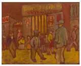 Street scene by Martin Bloch, oil and crayon on board, sold Nov 2025