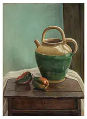 Jug with Peppers by Hilda van Stockum, oil on board, sold Nov 2025